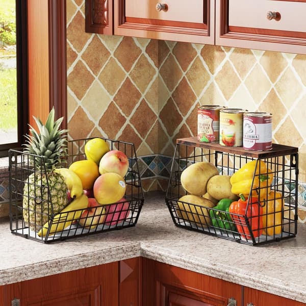 Wall Mounted Fruit Basket (30*15.5*21.6 cm), Stackable Wall Mounted Fruit Basket, Kitchen Vegetable Rack, Metal Fruit Basket, Black_yu
