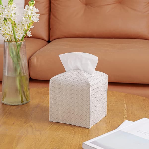 Leather Tissue Box Cover, Square Facial Tissue Storage Box Dispenser for Bathroom, Vanity, Tabletop, Car, White