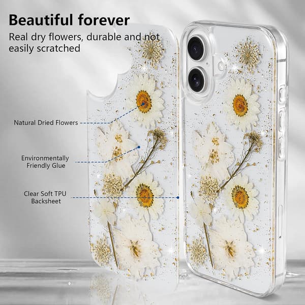 (Daisy) Blomstrete deksel til iPhone 16, transparent deksel med ekte tørkede blomstermønstre, glitrende søte blomsterdesign for kvinner og jenter