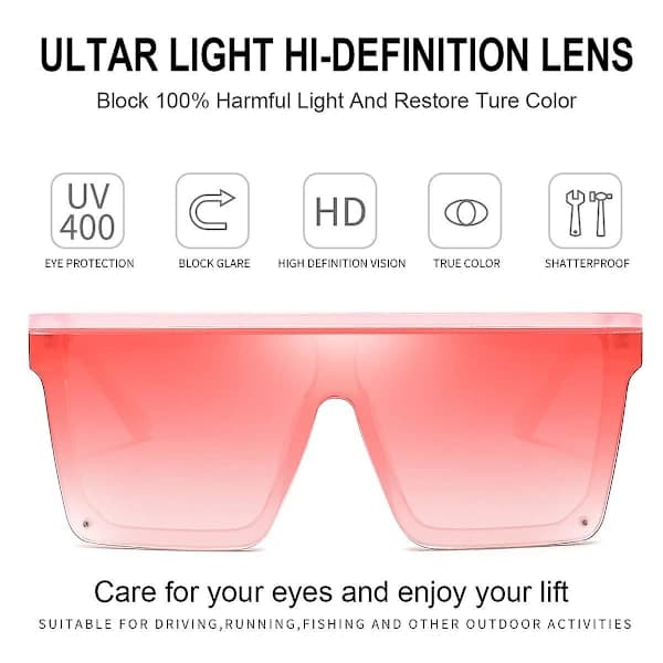 Square Oversized Sunglasses for Women and Men, Trendy Flat Top Large Frame Sunglasses, Transparent Pink Frame