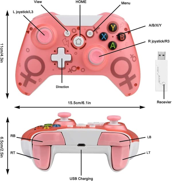 Trådløs controller til Xbox One, Xbox trådløs controller spilcontroller Gamepad Joystick til Xbox One, PC og PS3, intet headsetstik (pink)