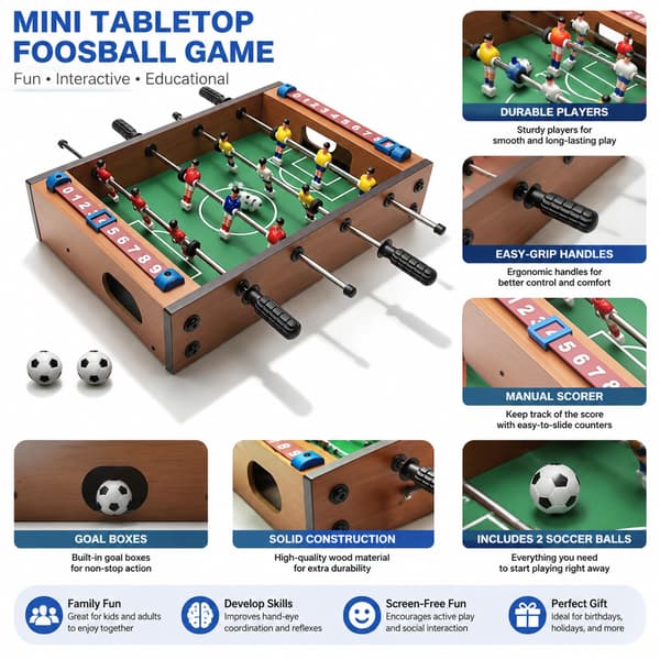 Miniature bordfodboldbord, 13,5'' bordfodboldspil med 2 bolde, tilbehør til bordfodboldspil i træ til voksne og familier