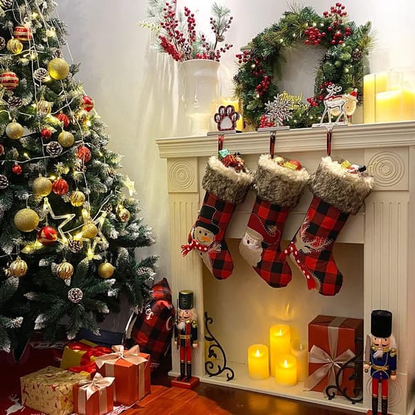 Julestrømper Sæt med 3, Buffalo Plaid Julestrømper med Snemand, Rensdyr, Julemand Mønster Pejs Julepynt