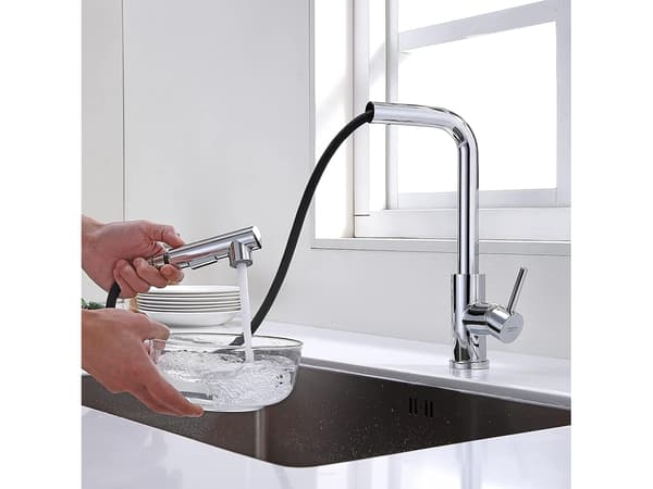Kitchen Faucet with 150 cm Pull-Out Spray Head, 2 Spray Modes, Chrome Stainless Steel, Easy DIY Installation for EU AU CA