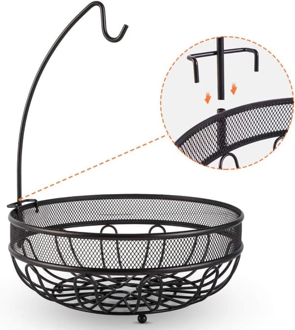 Metal Fruit Basket with Banana Hook, Storage for Vegetables, Bread, and Snacks