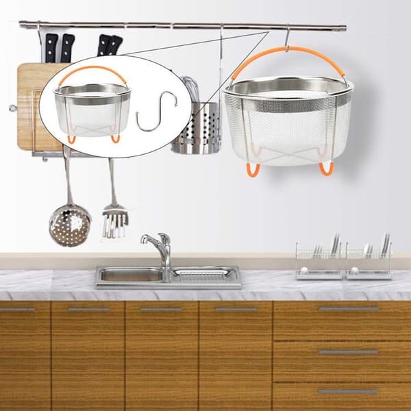 6-quart Stainless Steel Colander, Silicone Handles for Easy Lifting, Egg Steamer Basket, Pasta Strainer (Orange)