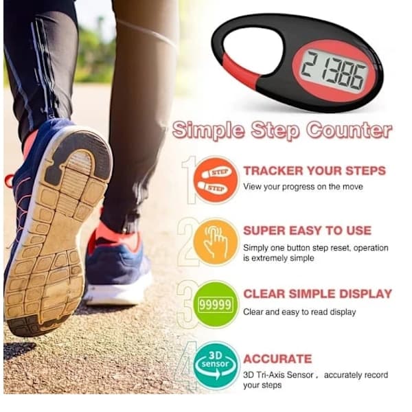 Pedometer, enkel skritteller med snor og karabinkrok, egnet for alle aldre.