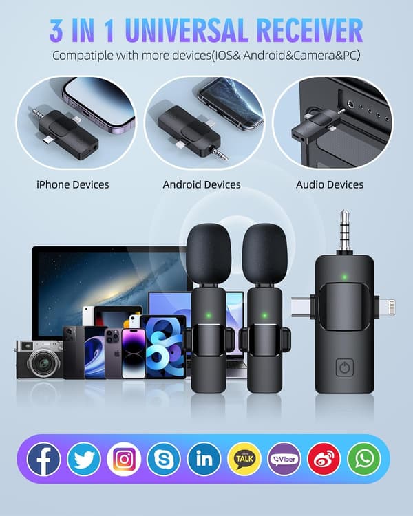3-i-1 trådlösa lavaliermikrofoner för iPhone, Android, kamera, USB-C-mikrofon, minimikrofon med brusreducering för videoinspelning, Vlog