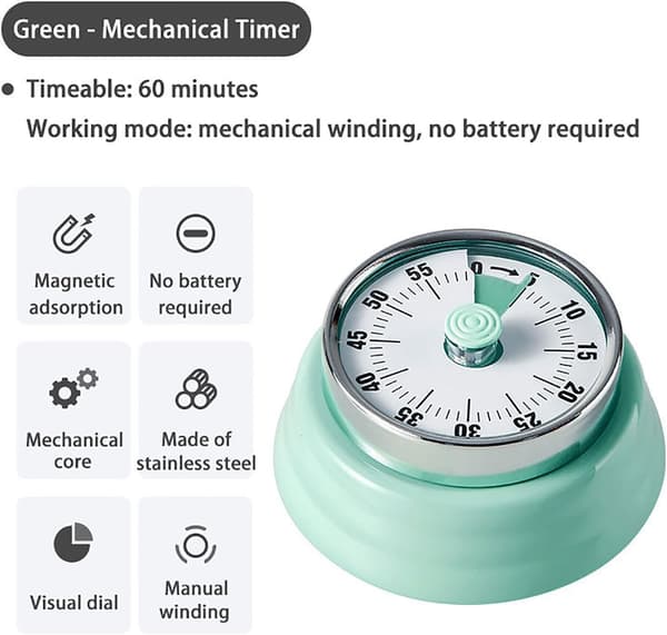 Vintage Kjøkkentimer i Rustfritt Stål med Magnetisk Bakside, 60-Minutters Nedtelling og Høy Ring - Ideell Mekanisk Timer (Grønn)