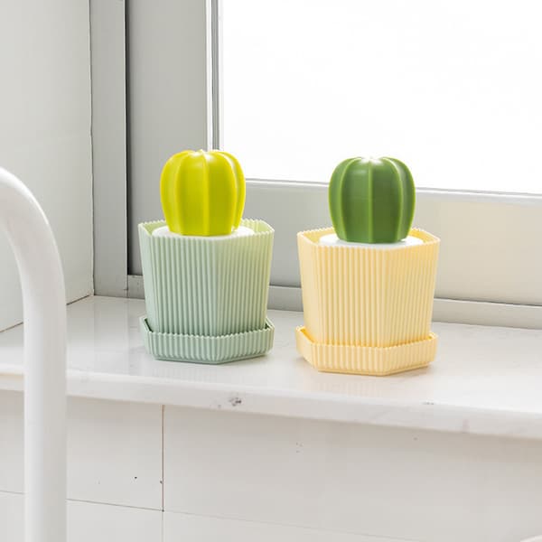 Creative Cactus-Shaped Dish Brush, Yellow Pot Green Brush, 3 Green Gradient Refill Balls, Kitchen Scrubber