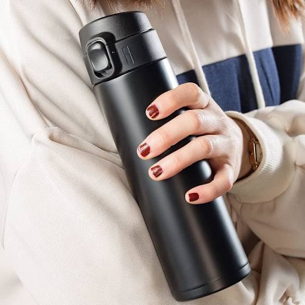 Vacuum Coffee Flask with Flip Lock, Portable Leak-Proof Travel Coffee Cup Water Bottle for Hot and Cold Drinks (451ML)
