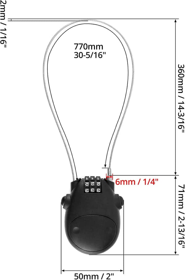 3-digit combination lock, cable lock, security password lock, 77 cm retractable cable for luggage, bicycle, skis, snowboard