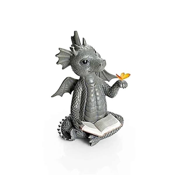 Dragefigur Lilli med sommerfugl, harpiksstatue med en bog i hånden, super sød skrivebordspynt