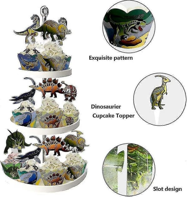 Dinosaur Cupcake Toppers – 24 stk toppers og 24 stk wrappers for barn dinosaur bursdagsdekorasjon gutter gaver