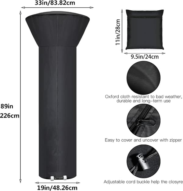 Patio Heater Cover with Zipper and Storage Bag, Waterproof, Dustproof, Windproof