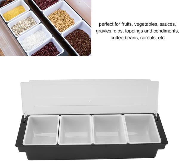 Iskold krydderihylde servering, krydderibakke krydderidispenser serveringsbeholder iskold krydderikrukke arrangør salatfad (4 rum)