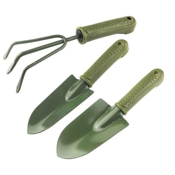 3 hagespader, omplantingsverktøy, plasthåndtak, minirake