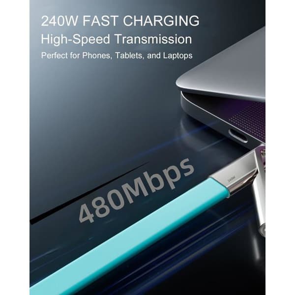 2m 240W Flat Silicone Cable (Type-C to C/L), 1.5m, Soft Liquid Silicone, 3A, 480 Mbps Data Transfer, Tangle-Free (Blue)