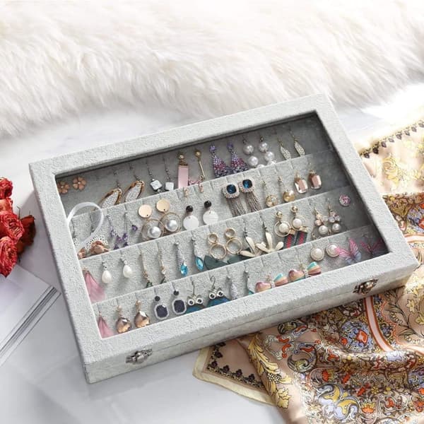Earring Organizer, Velvet Clear Lid Earring Holder Earring Storage Box, Jewelry Box Display Showcase Case Lockable