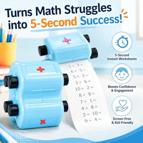 Math Teacher 4-in-1 Math Stamp Roller for Kids (Blue) | Math Stamp Roller Addition, Subtraction, Multiplication & Fill-in-the-Blank Practice Blue Blue