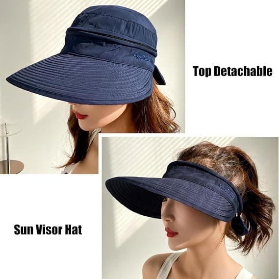 Women's Sun Hat with UV Protection, Foldable Wide Brim Sun Visor with Removable Top