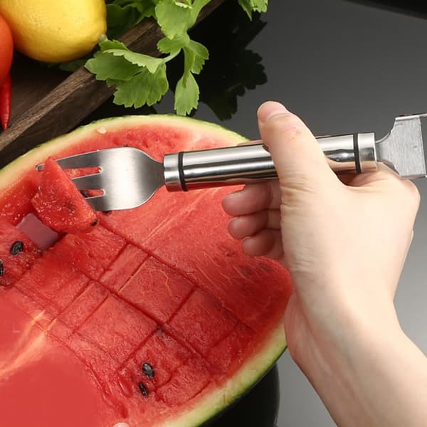 1 stk rustfritt stål 2-i-1 vannmelon gaffel vannmelon gaffel kutter frukt gafler kutter verktøy dobbelthode bærbar artefakt