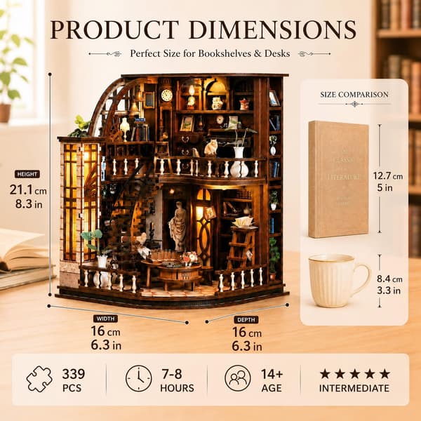 Book Nook Kit - DIY Miniature House for Adults and Teens, 3D Wooden Bookshelf Insert with LED Light, Bookshelf Decoration (Basque Study) Basque Study