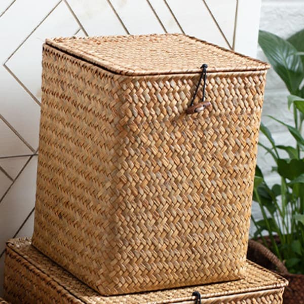 Khaki Straw Woven Storage Box with Lid, Multifunctional Desktop Organization Box for Small Items and Fruit