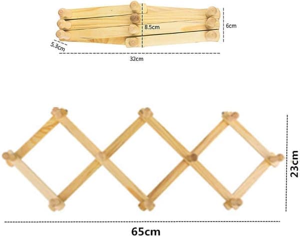 2-pack 10 träklädhängare med krok, expanderbar väggmonterad dragspelskrok, vikbar väggmonterad hållare i trä