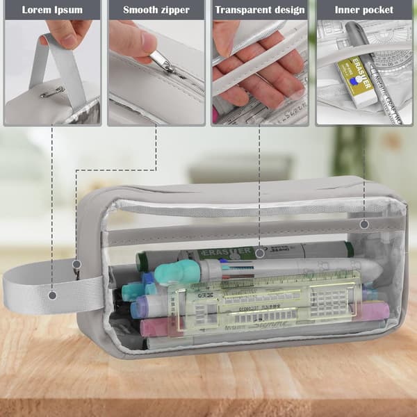 Transparent Pencil Case, Clear Pencil Case for Exam, Waterproof PVC Clear Toiletry Storage Bag - Suitable (Grey, Bag Only)