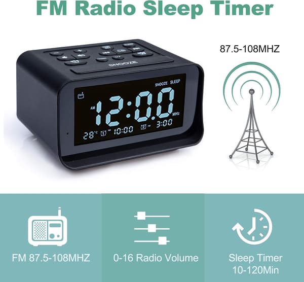 Herätyskelloradio makuuhuoneeseen, suuri LCD-digitaalikello kahdella