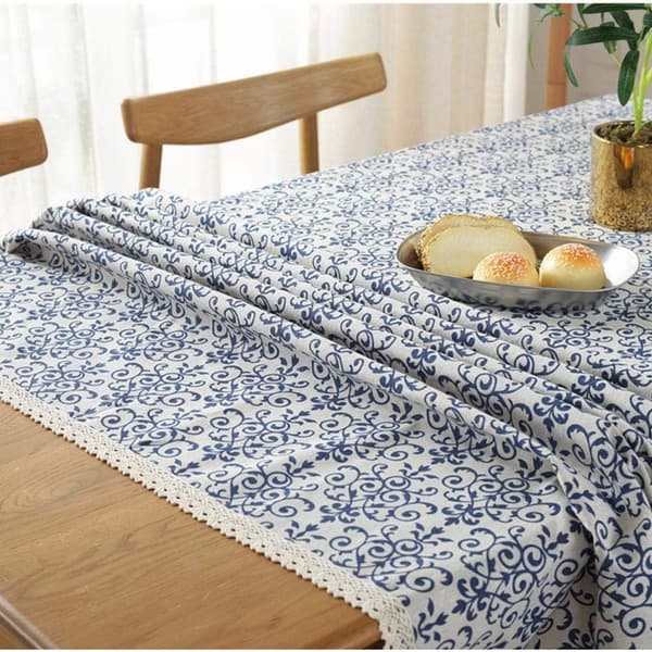 Tablecloth, Linen Cotton Table Cloth, Rectangular Table Cloth for Indoor and Outdoor Table, Porcelain Pattern, Blue and White, 140 x 250 cm