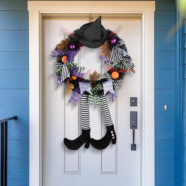 1 pc Halloween Decorations, Halloween Wreath, Halloween Witch Wreath Black Wreath with Hat Witch Legs Pumpkin