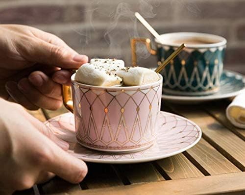Elegant keramisk tekop og underkop sæt, 8oz kaffekop til eftermiddagste - Geometrisk mønster