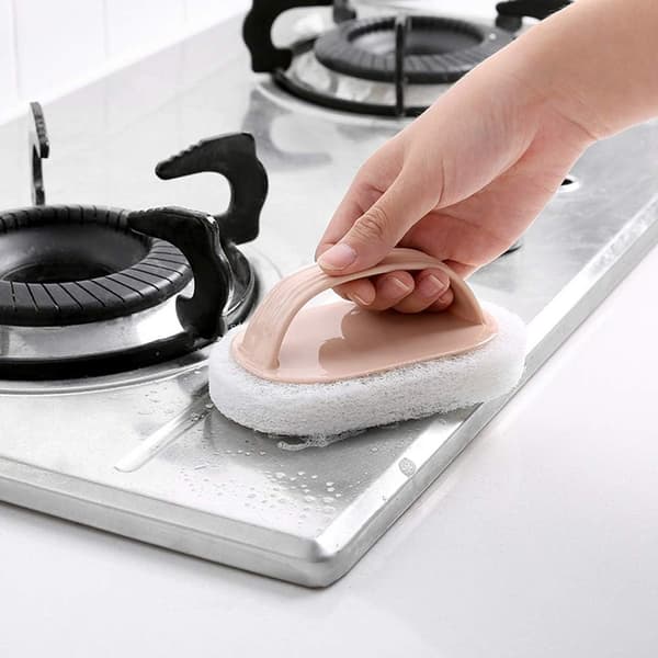 Striped Handle Sponge Brush — Cleaning Tool for Tiles, Kitchen, and Bathroom; Effective Stain Removal