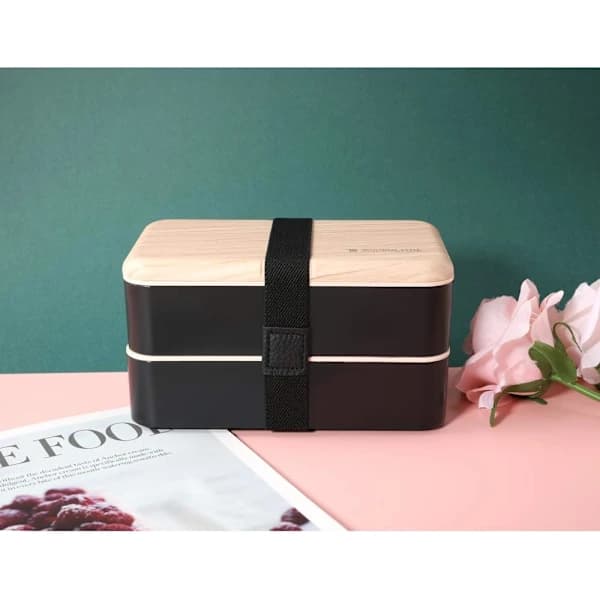 Bento Lunch Box with 2 Stackable Compartments and Cutlery, Japanese Style Meal Prep Container for Work or School, Black