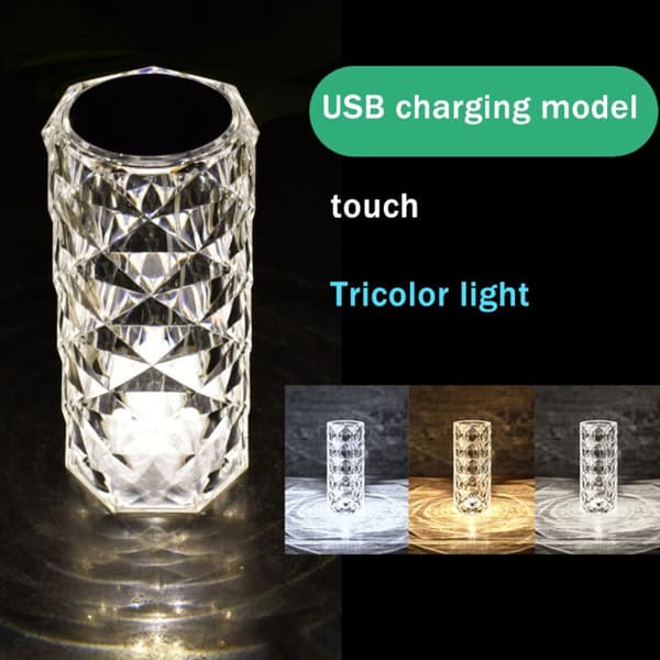 3 Colors LED Crystal Table Lamp Light Projection Lamp LED Atmosphere Bedroom Bedside Lamp USB Rechargeable Night Light
