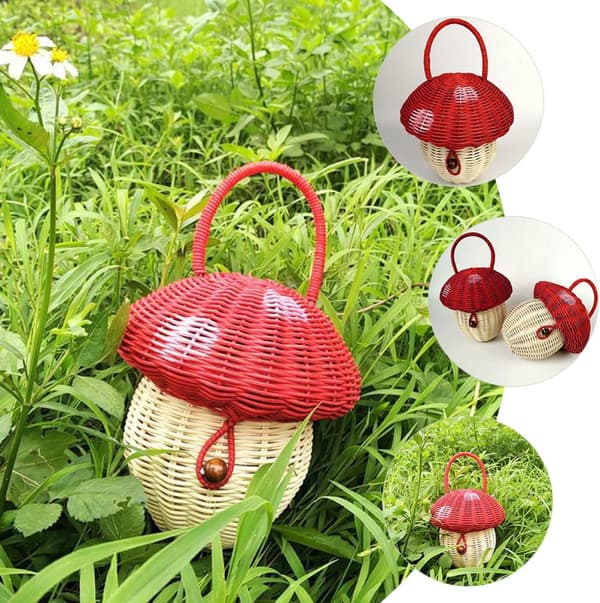 Braided Mushroom Shaped Basket Hand-Woven Sturdy Candy Storage Handbag Decor