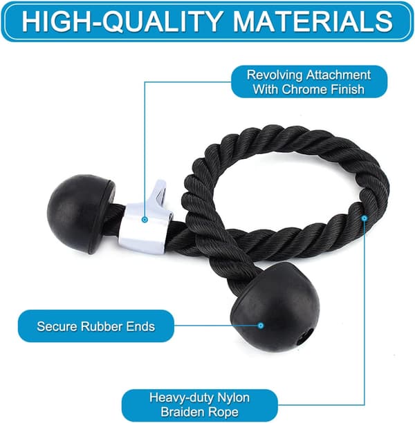Svart - Tricepsrep i nylon med halkfria gummiändar 70 cm Triceps Pull Down-rep (för gym eller hemmaträning)