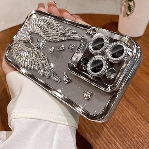 Etui til iPhone 15 Pro Max, Søde 3D Diamant Rhinestone Vinger med Bling Glitter Kamerastativ Blød TPU Støtfanger Beskyttelse