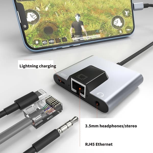 2-i-1 Lightning/Type-C til Ethernet-adapter til -telefon/-pad 100 Gigabit Ethernet LAN-netværksadapter, (til IS 12.0 højere)
