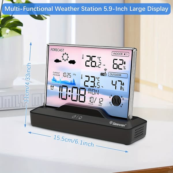 Geevon Trådløst Indendørs/Udendørs Termometer, Farvedisplay, Barometer, Kalender - CJY Sort