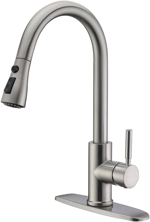 Single Handle High Arc Brushed Nickel Pull Down Kitchen Faucet, Single Level Stainless Steel Kitchen Faucets with Pull-Down Spray