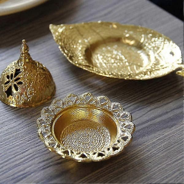 Røgelsesholder, metal røgelsesbrænder, gyldne blade, tårn, aromakogler, oliefad til Ramadan Eid Mubarak-pynt (2 stk, guld)