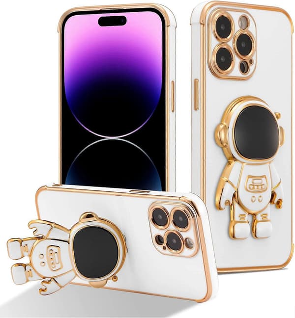 Kompatibel med iPhone 14 Pro (6.1\") Deksel med søt astronautstativdesign Støtsikkert galvanisert telefondeksel for iPhone 14 Pro - Hvit