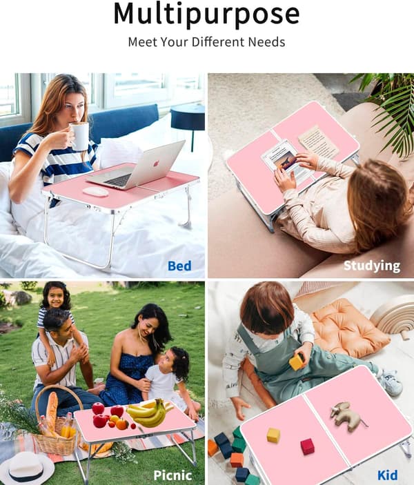 Foldbart laptopbord, morgenmadsbakke, bærbart mini-picnicbord opbevaringsplads laptopbord læsestativ (pink)