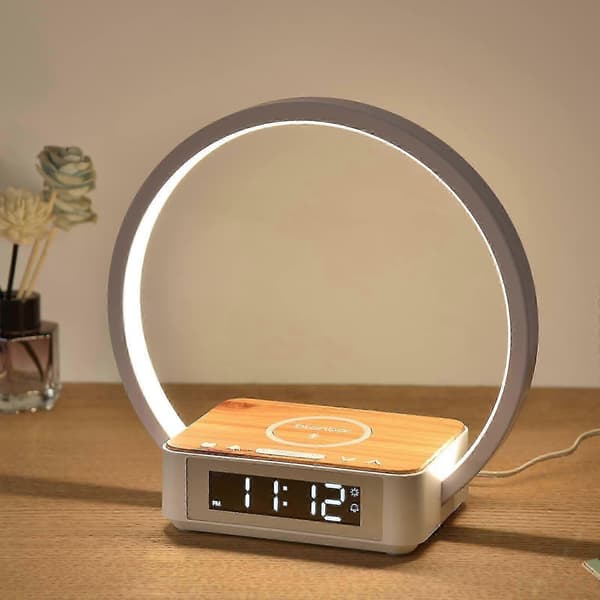 LED Bedside Lamp with Charging Function, Table Lamp Wake-up Light Alarm Clock Touch Control Dimmable, 5w Wireless Charger Table Lamp for Bedroom Living Room