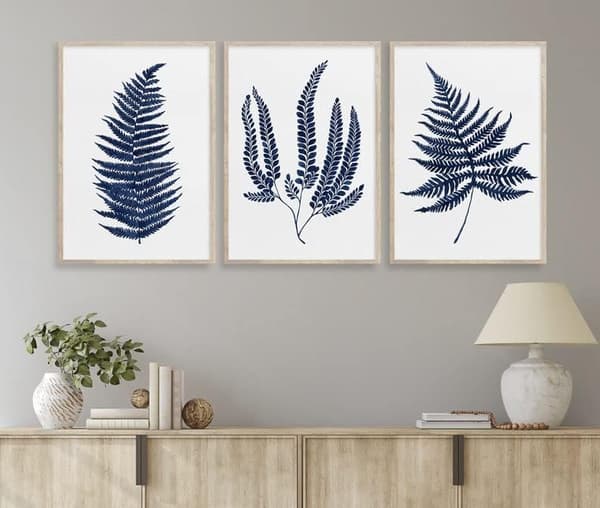 Set med 3 indigoblå ormbunksbladstryck - Maidenhair ormbunksväggkonst - 30 x 40 cm - Oinramad