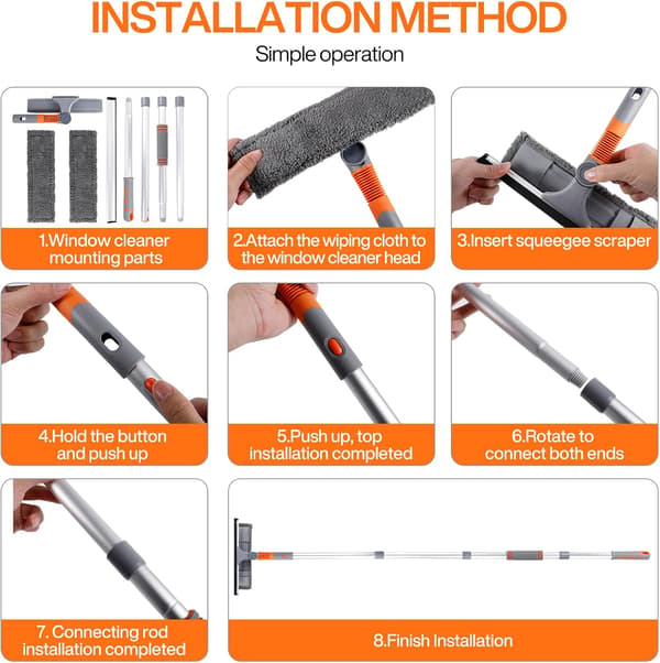 5-in-1 Professional Window Cleaning Kit, 162 cm Telescopic Handle, 2 Microfiber Cloths, Flexible Head