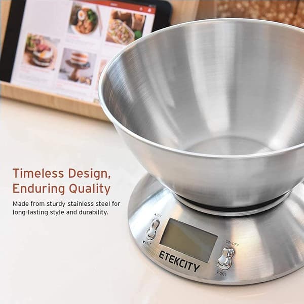 Electronic Kitchen Scale with Stainless Steel Mixing Bowl, Timer, and Temperature Sensor, for Cooking and Baking-11lb/5kg